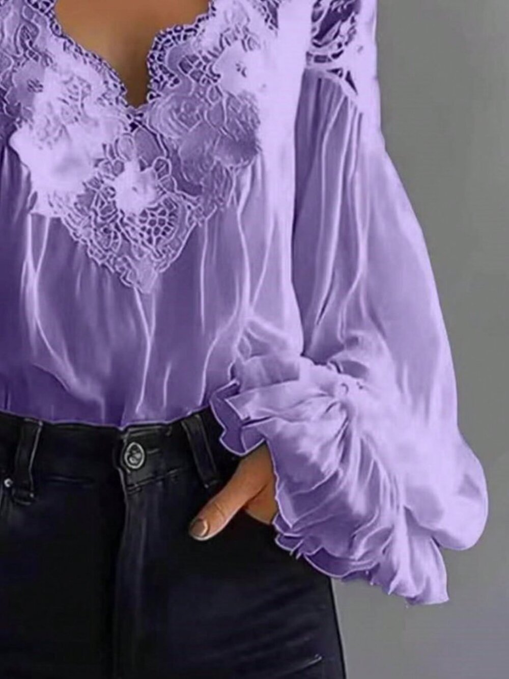Purple Casual Women's Lace Trim V-Neck Chiffon Blouse - Picture 3 of 3